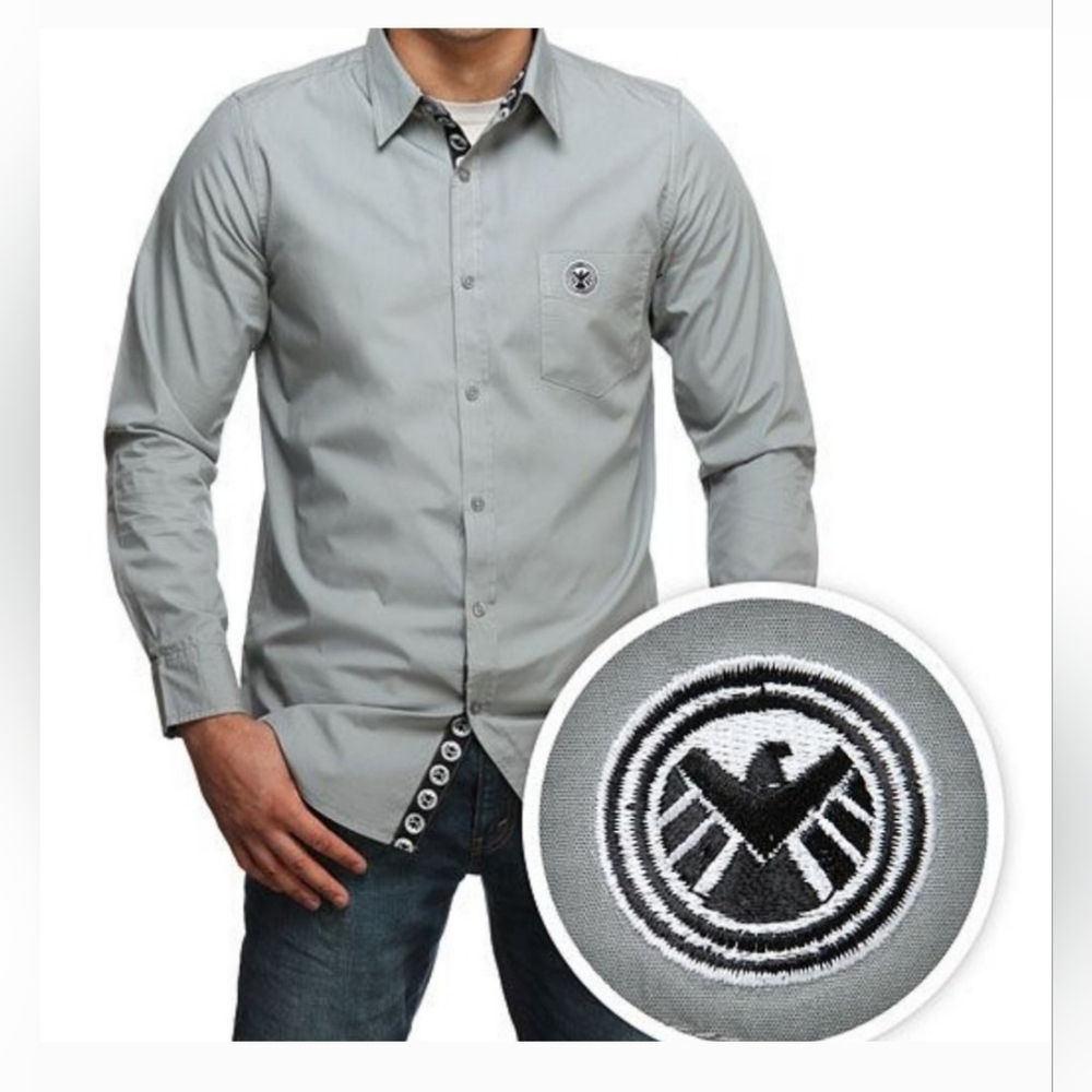Hot Topic Marvel Shield Logo Long Sleeve Button Down Shirt Size XXL
